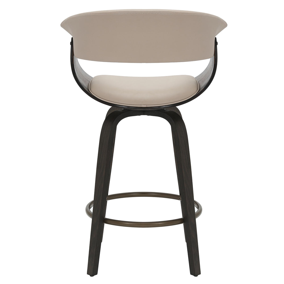 Back view of the mushroom Halo Swivel Counter Stool showing the curved faux leather back and wood frame