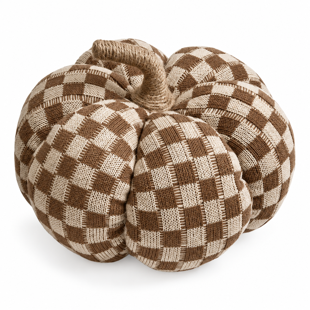 Harlow beige and brown checkered fabric pumpkin with wrapped stem