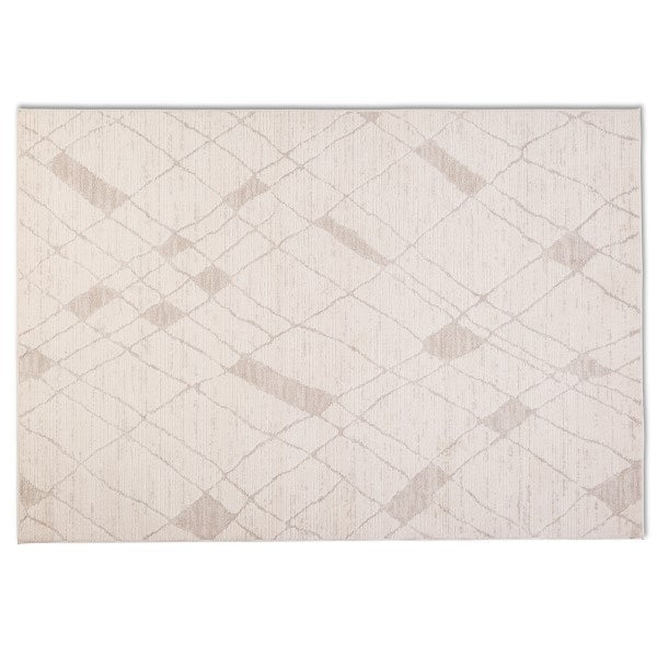 Full overhead view of the rectangular Harper modern trellis rug featuring a subtle geometric diamond pattern in cream and beige.