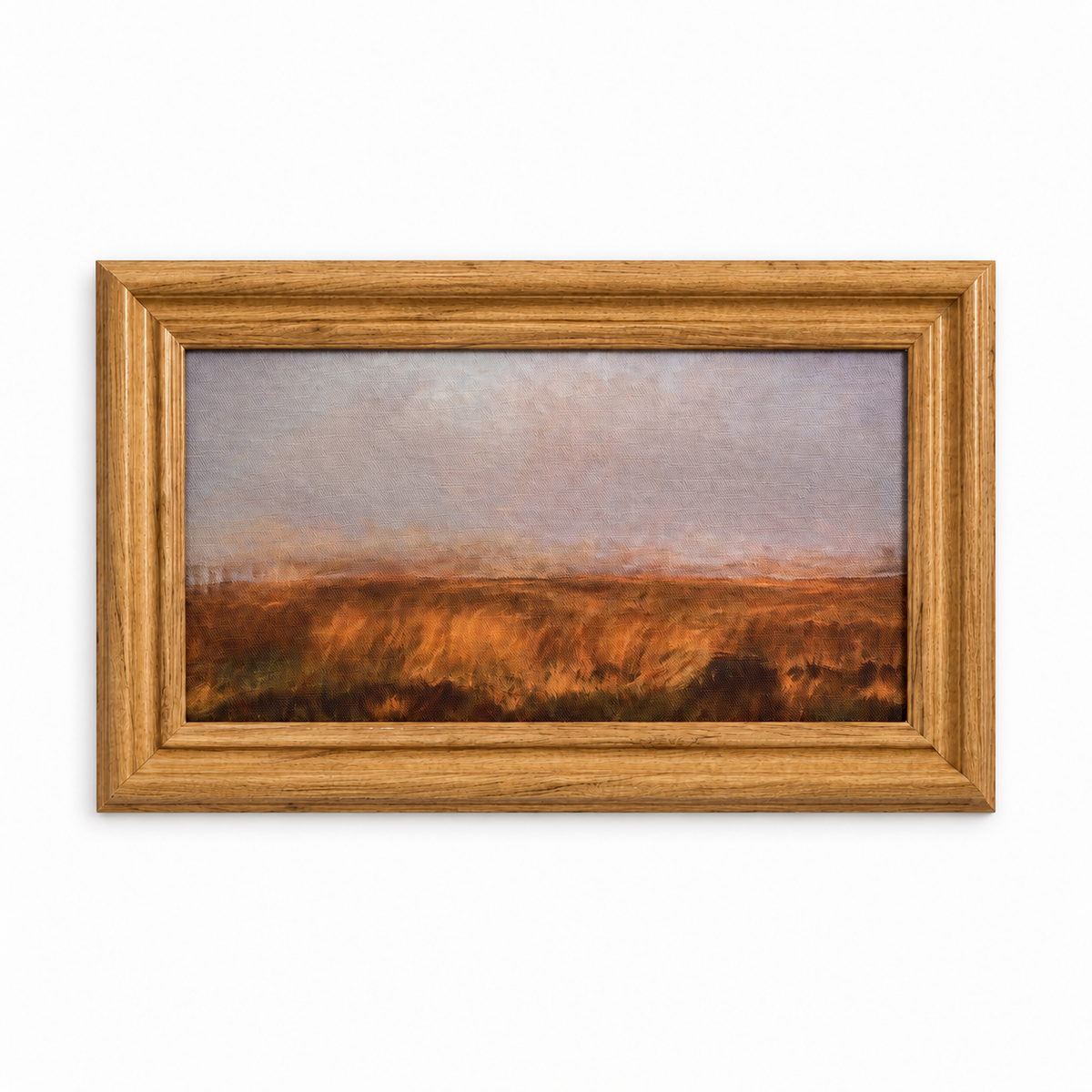 Harvest Horizon framed canvas showing muted dry fields in a natural wood frame