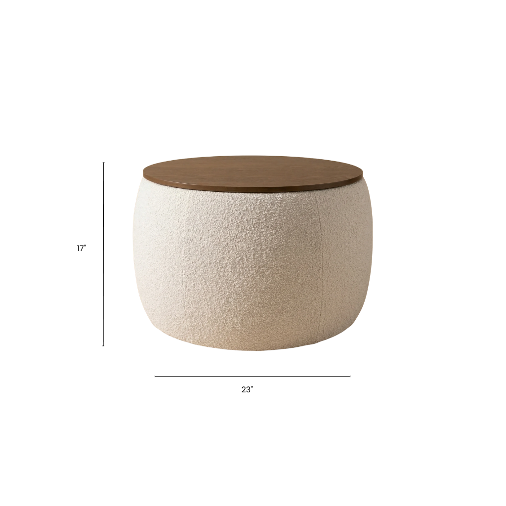 Round ottoman with wooden top and measurements on a white background