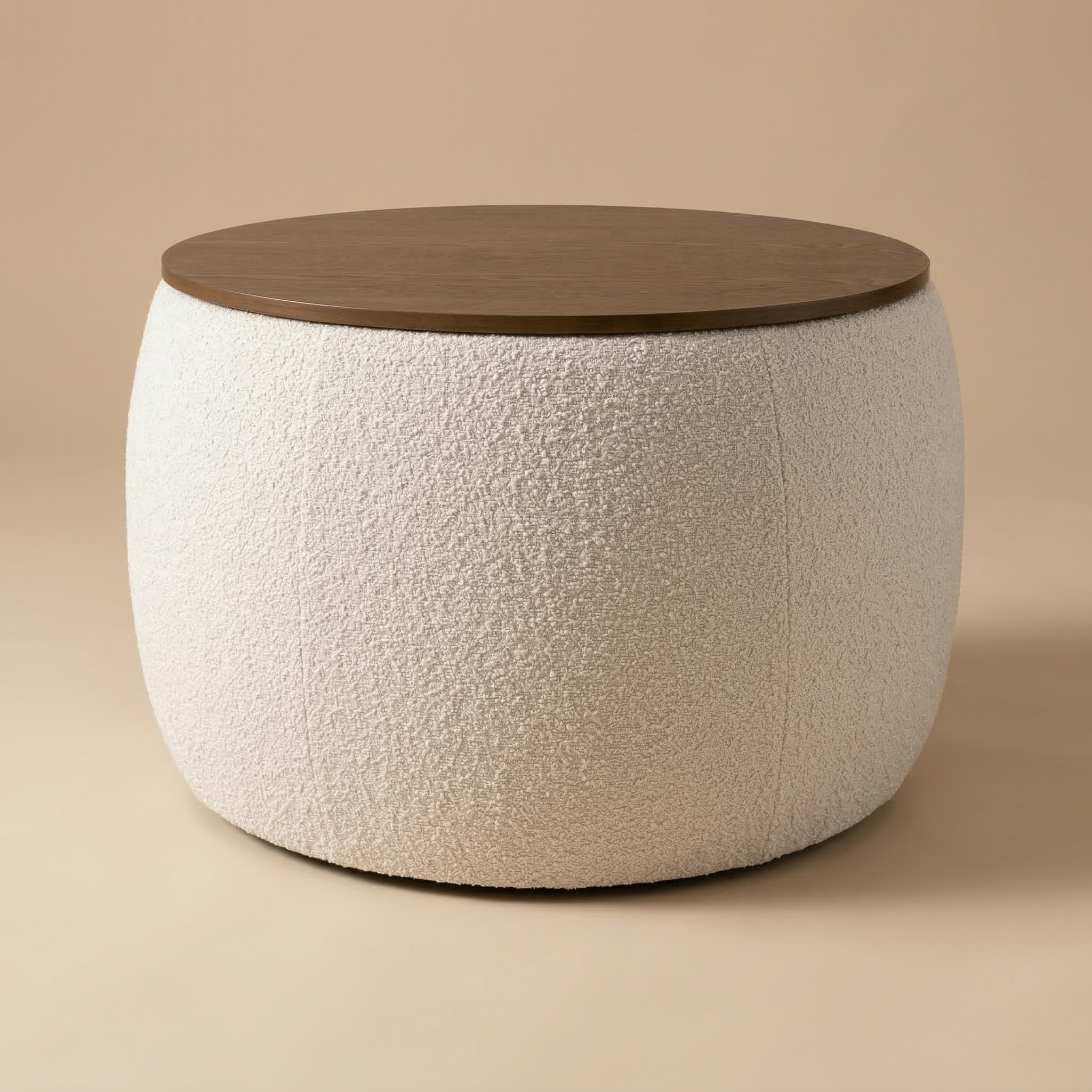 Full view of the Haven Storage Ottoman featuring cream bouclé fabric and a circular walnut wood top.