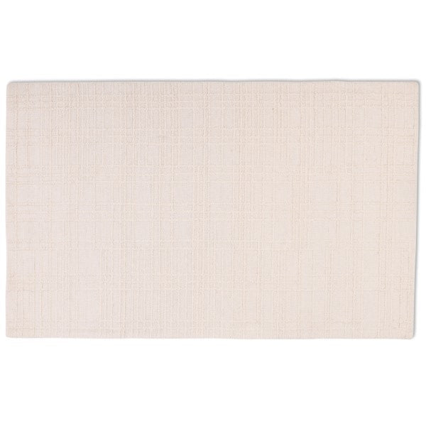 Full overhead view of the rectangular Hayes textured grid rug featuring a modern cream and ivory high-low geometric pattern