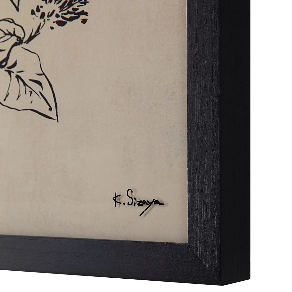 Close up detail of Herbarium Noir art showing black wood frame texture and artist signature K. Sizaya