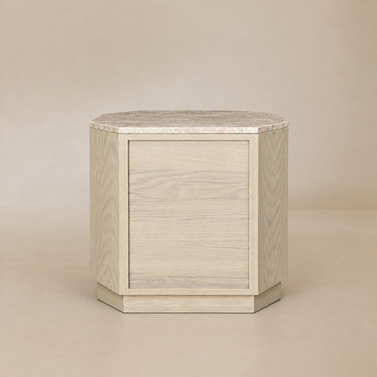Rear view showing the white oak back panel, chamfered corners, travertine top, and recessed plinth base.