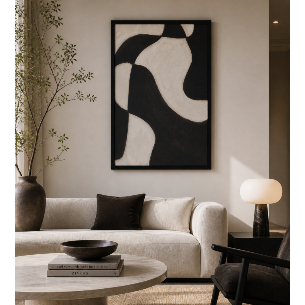 Hyde Dark Framed Linen Art styled in a room