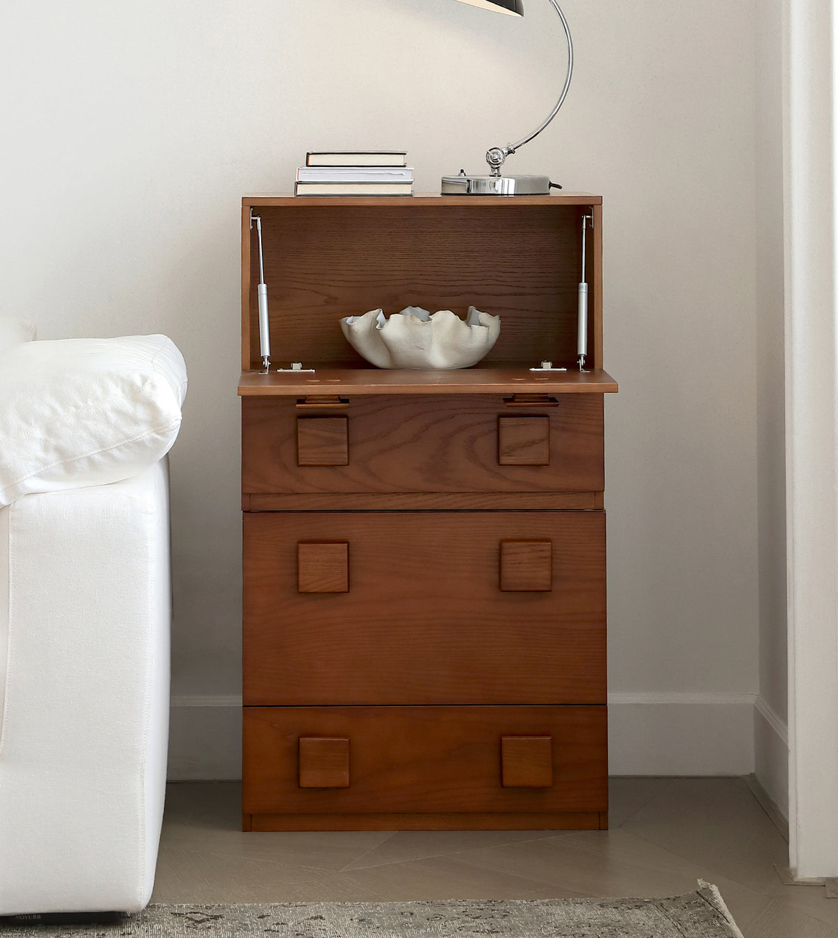 Jasper Modular Sideboard with the upper compartment open to show interior storage