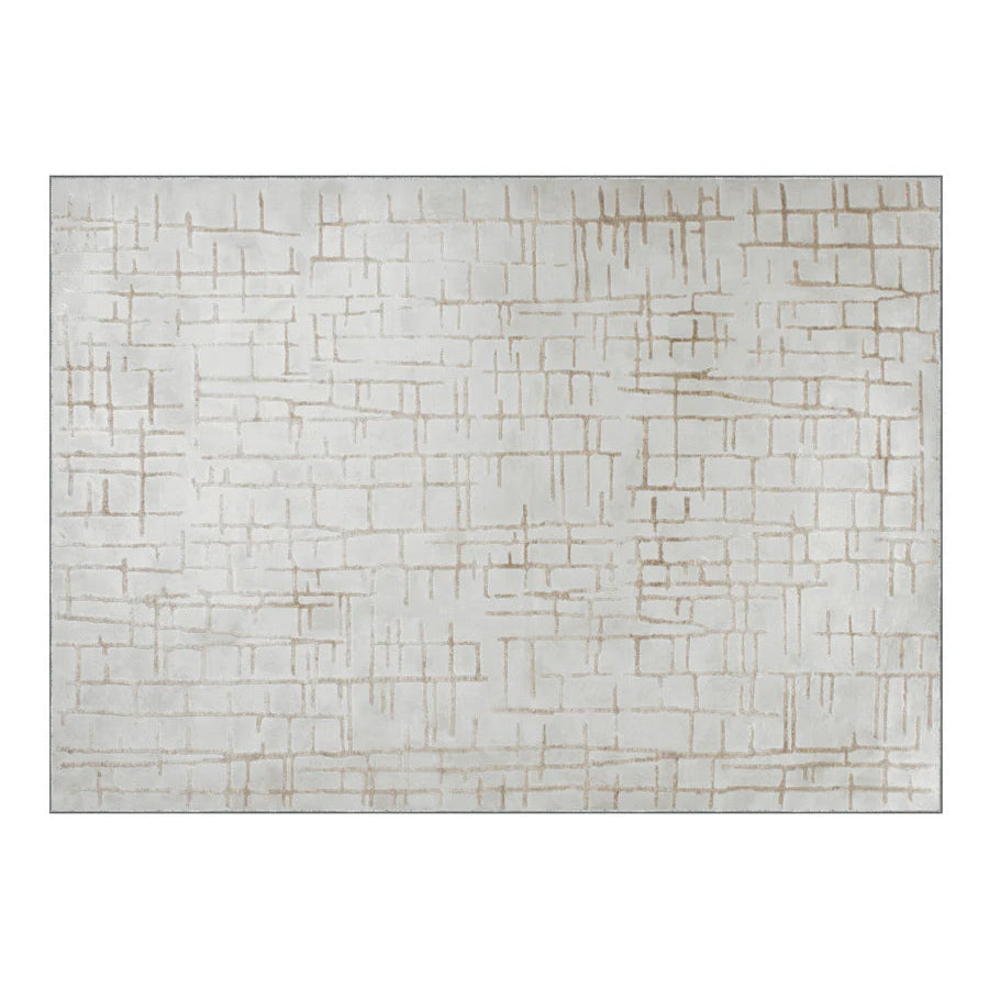 Textured area rug with a geometric pattern on a white background
