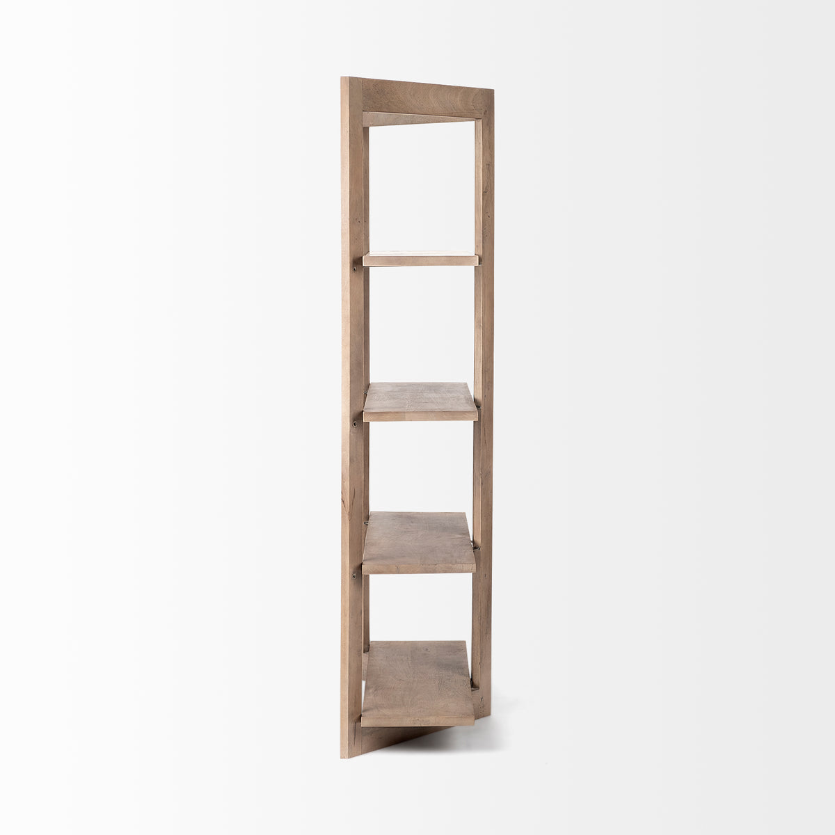 Side profile view of the slim Kade geometric wood shelving unit standing against a white background.