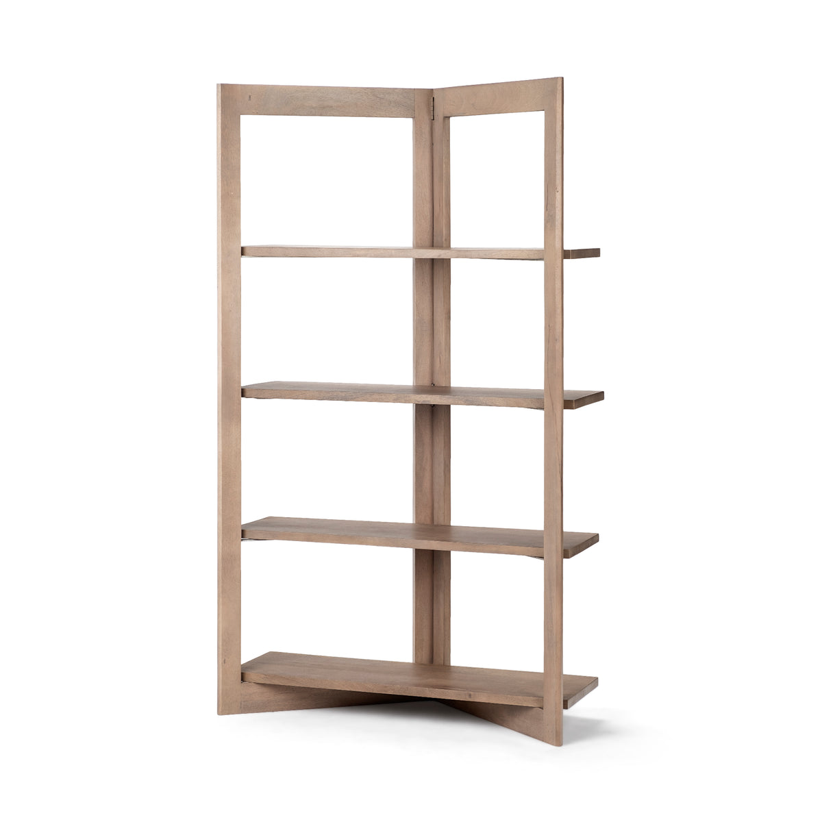 Angled view of the Kade geometric shelving unit, highlighting its unique folding wooden frame and corner-friendly shape.