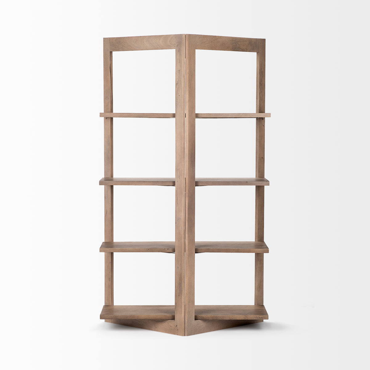 Straight-on view of the empty five-tier Kade geometric shelving unit showcasing its angled, open wooden design.