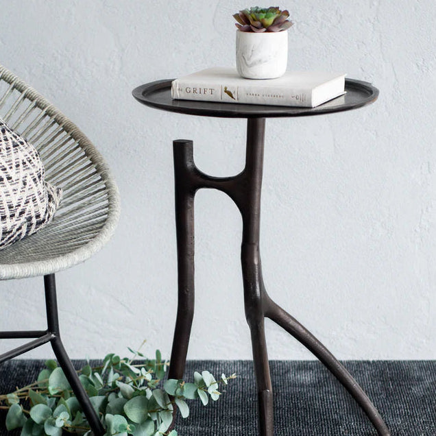 Small black side table with a plant and books on a gray rug