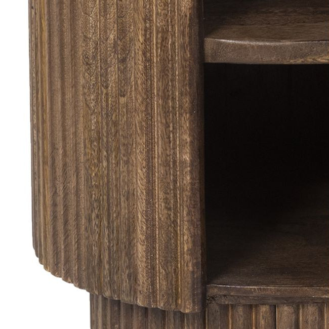 Close-up of the Kaia accent table wooden storage space with a fluted texture.