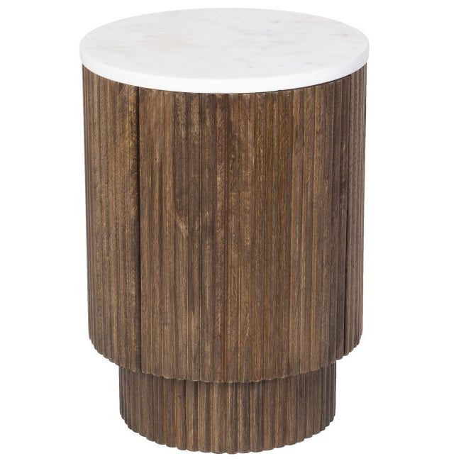 Front view of the Kaia wooden side table with a white marble top on a white background