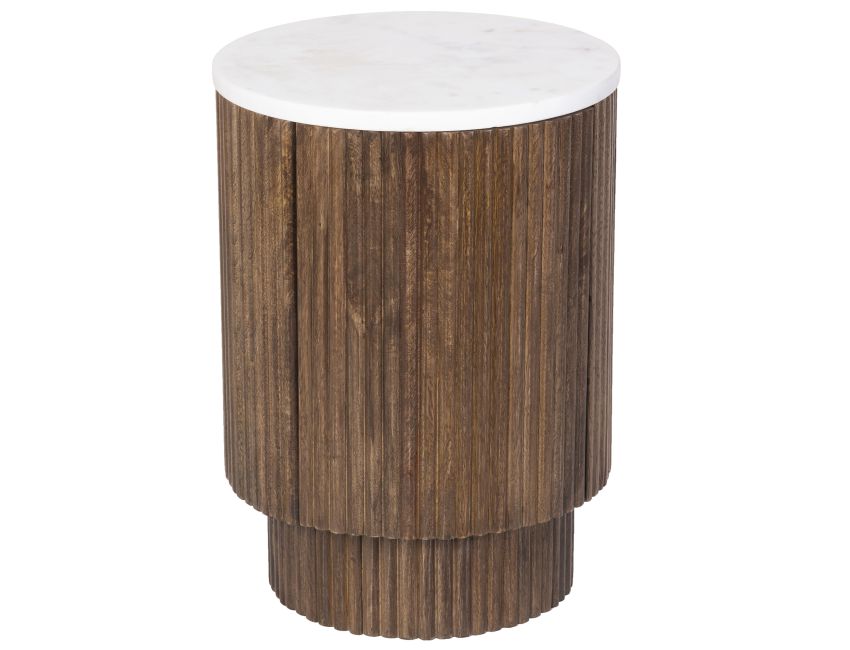 Front view of the Kaia wooden side table with a white marble top on a white background