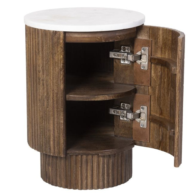 Kaia wooden accent table with open doors showcasing the storage space on a white background