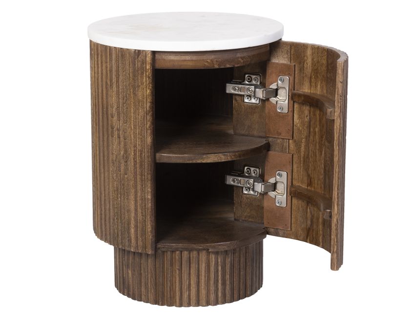 Kaia wooden accent table with open doors showcasing the storage space on a white background