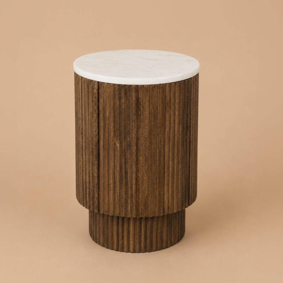 Kaia wooden side table with a white marble top on a beige background