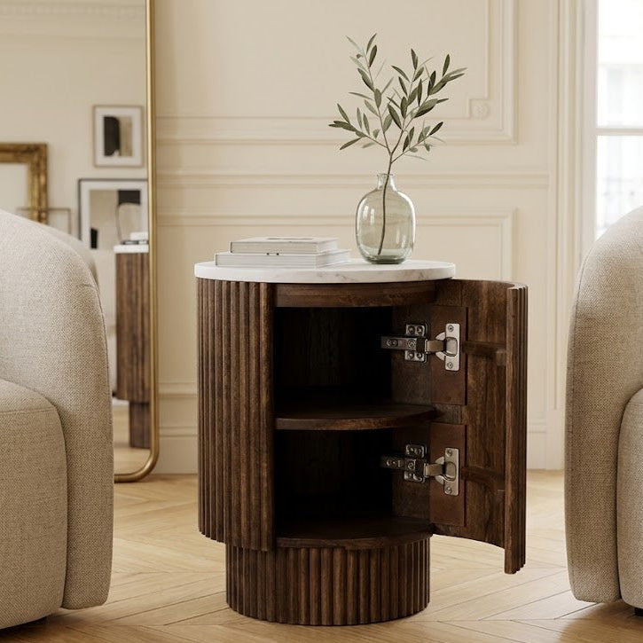 Kaia wooden side table with marble top in a living room setting