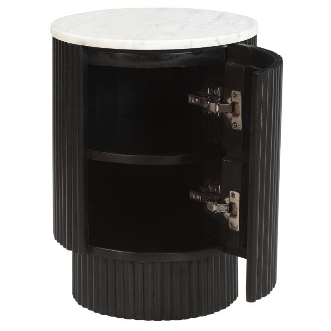 Black Kaia side table with marble top showcasing the hidden storage on a white background