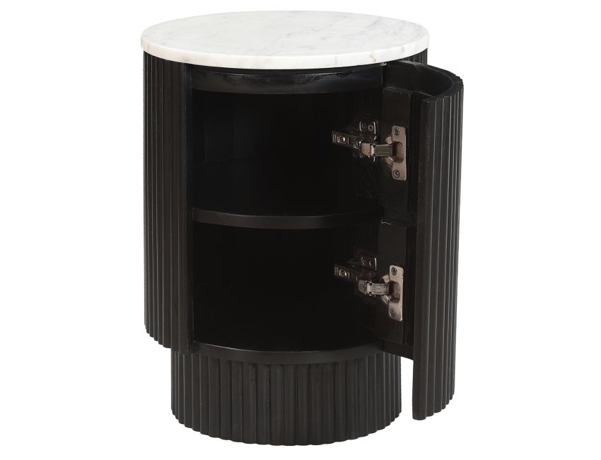 Black Kaia side table with marble top showcasing the hidden storage on a white background