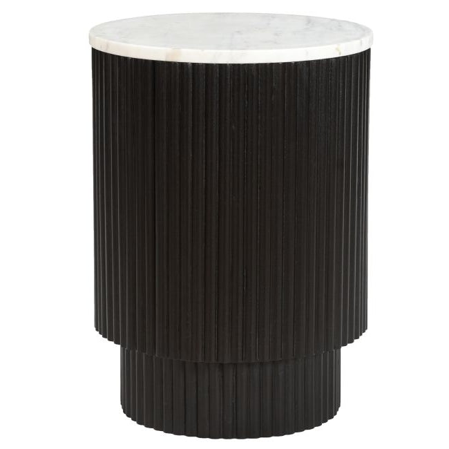 Black Kaia accnet table with white marble top on a white background