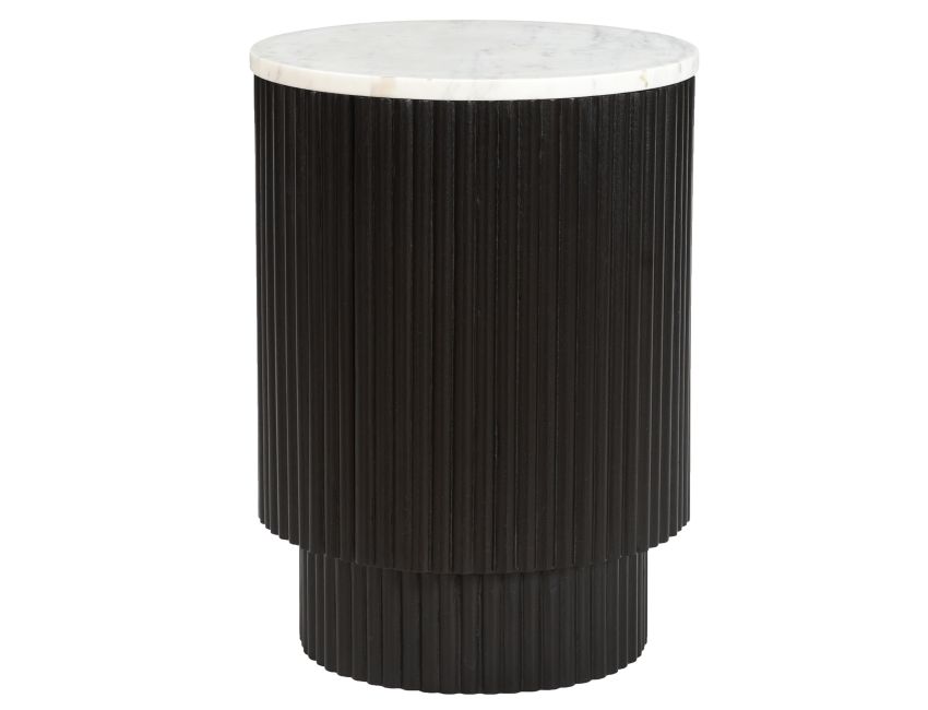 Black Kaia accnet table with white marble top on a white background
