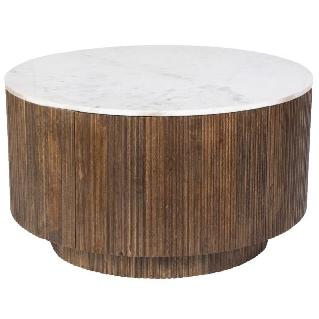 Kaia round coffee table with marble top and wooden base on a white background