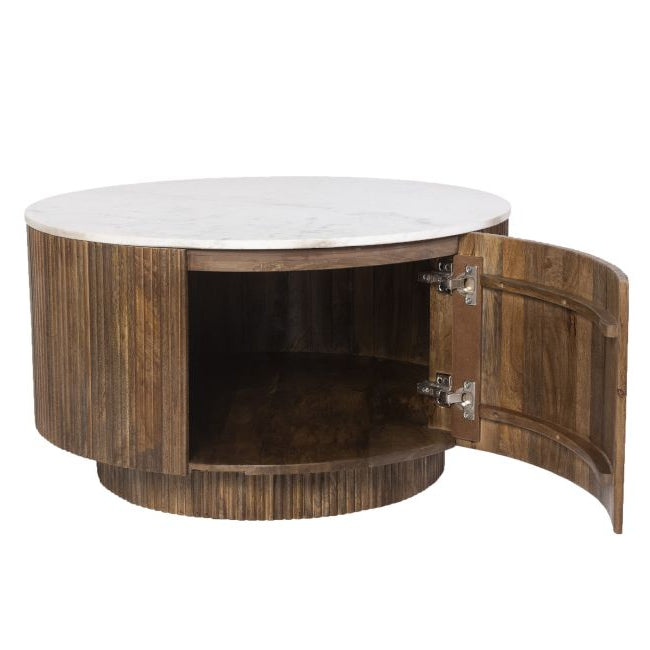 Kaia wooden coffee table with a white marble top and open door revealing storage space.