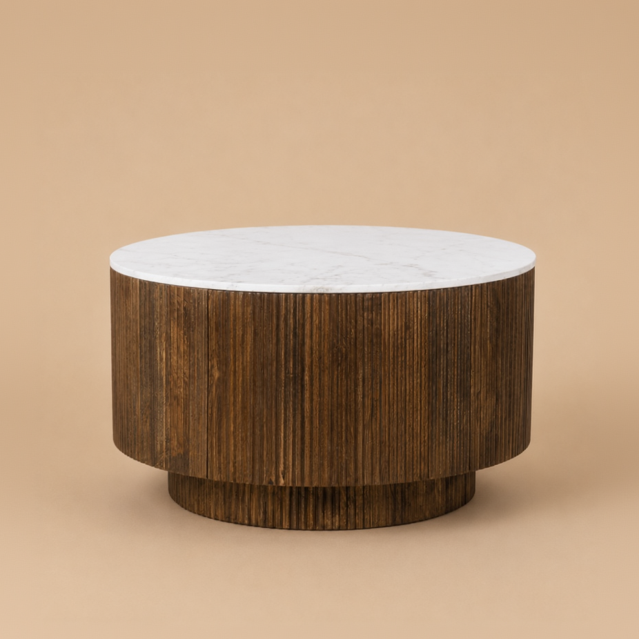 Kaia round wooden table with a white marble top on a beige background
