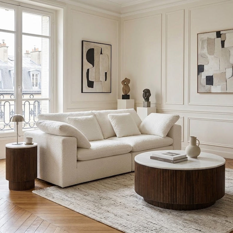 Modern living room with Ultra Softness Cloud Modular Sofa in two seater, Kaia round coffee table and side table