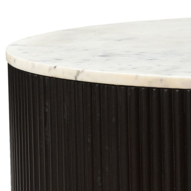 Detail close-up of the Kaia round coffee table showcasing the marble thickness