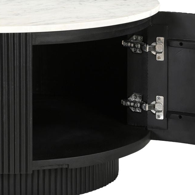 Kaia round black coffee table with open door revealing the hidden storage.