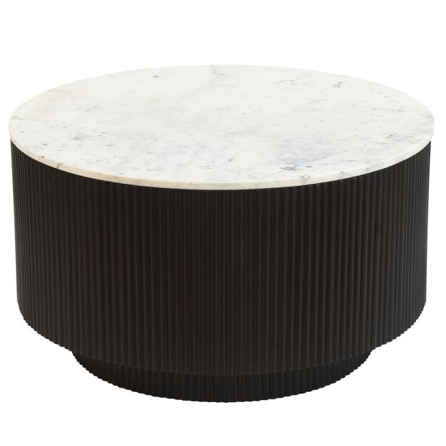 Kaia round coffee table with marble top and black fluted base on a white background