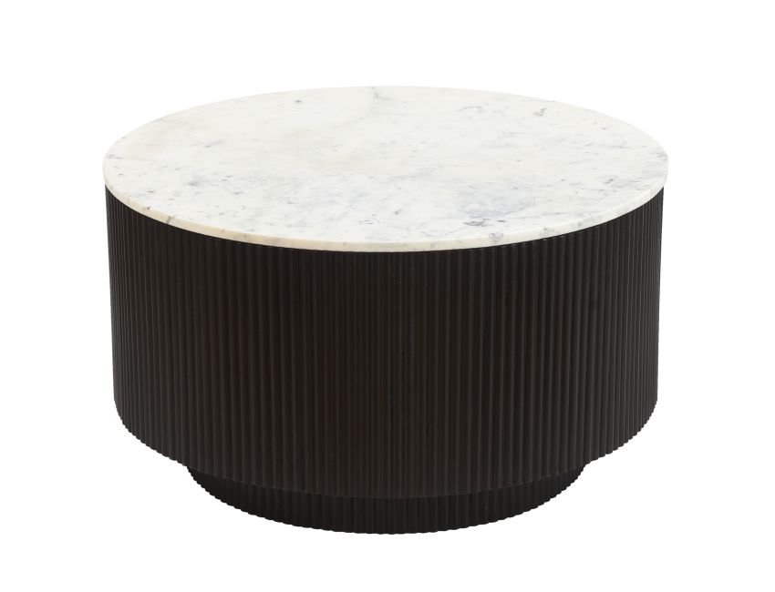 Kaia round coffee table with marble top and black fluted base on a white background