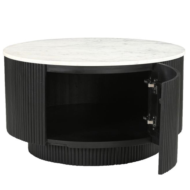 Kaia round coffee table with white marble top and fluted base on a white background