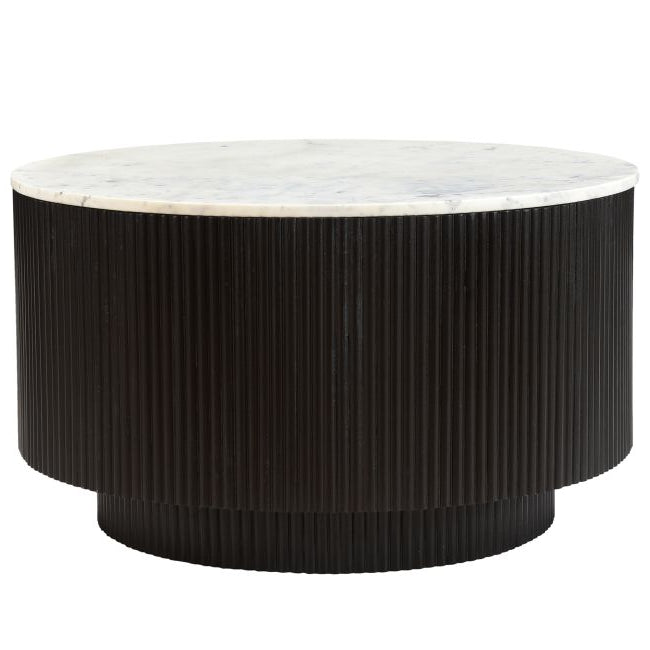 Kaia round black table with a white marble top on a white background