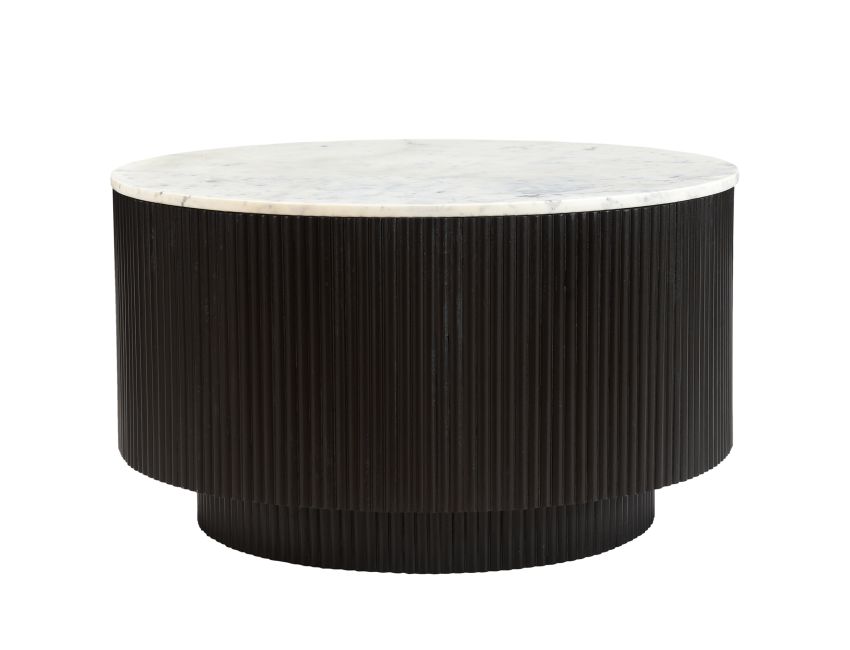 Kaia round black table with a white marble top on a white background