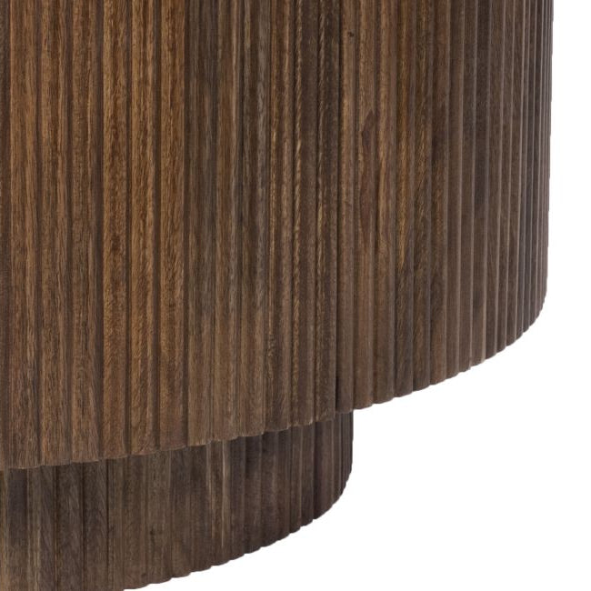 Kaia round wooden side table with fluted base on a white background