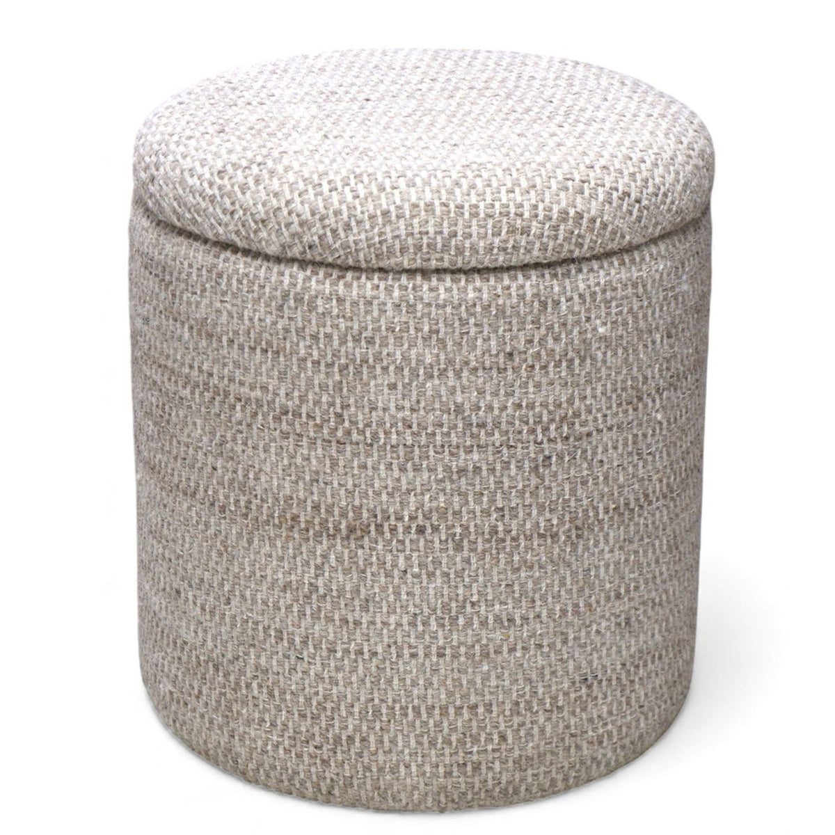 Round storage ottoman with textured fabric on a white background