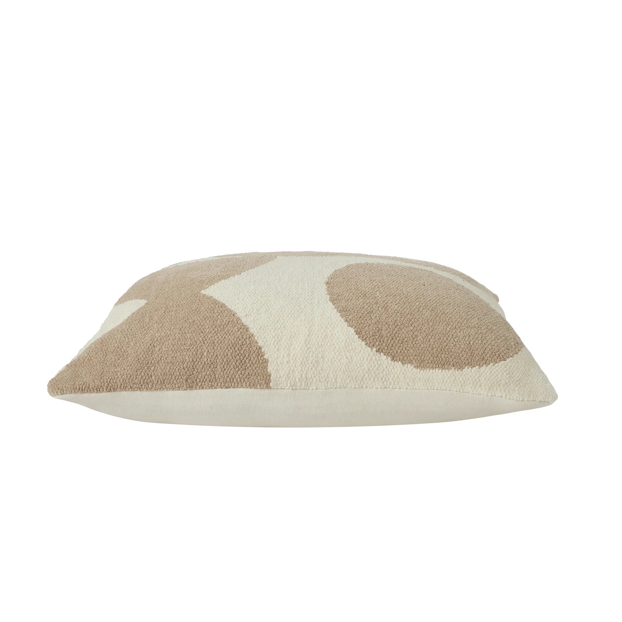 Decorative pillow with brown and beige abstract pattern on a white background