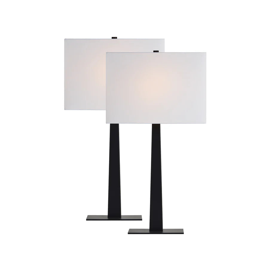 Angled studio view of the Kyler lamp set highlighting the architectural square base and sleek matte finish.