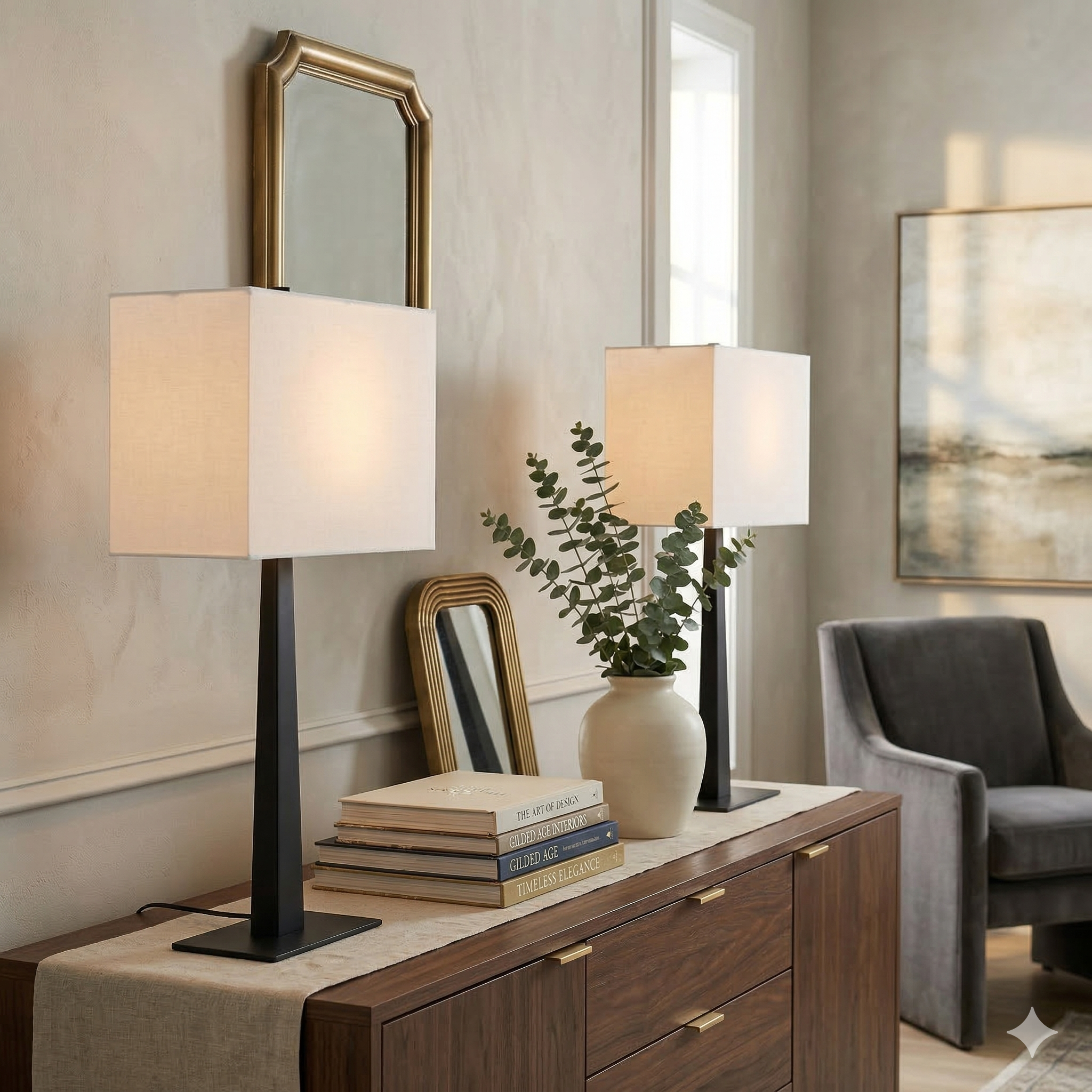 The Kyler lamp set styled on a walnut console table with decorative books and a gold mirror in a neutral modern room.