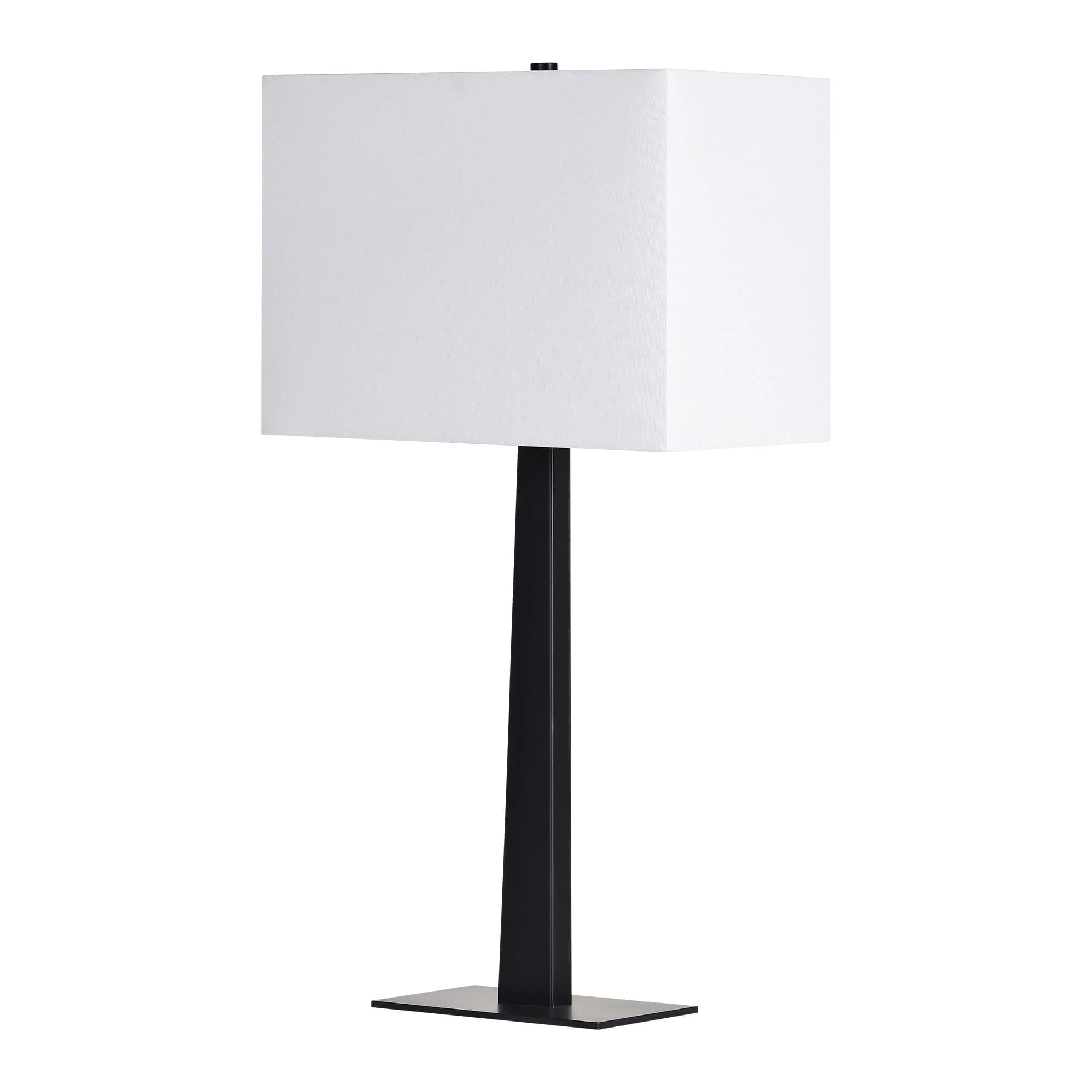 Side profile of a single Kyler table lamp showcasing the slim black metal stem and the depth of the white linen shade.