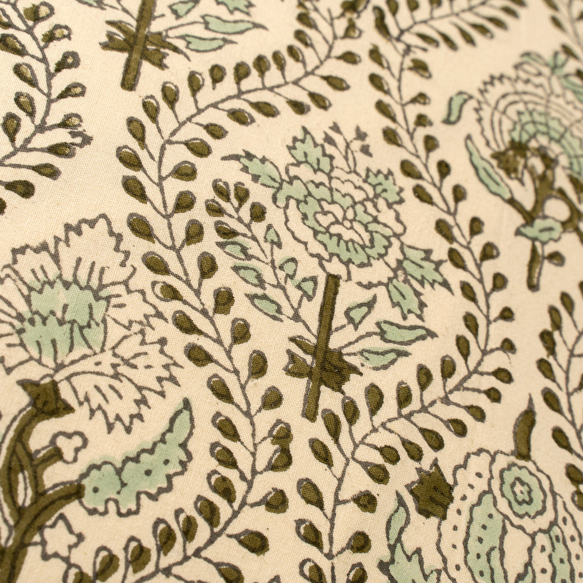 Close-up of a floral pattern with green and brown colors on a beige background