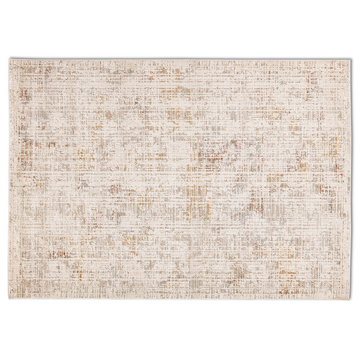 Full overhead view of the rectangular Lennox distressed abstract rug featuring a modern cream, grey, and warm rust design