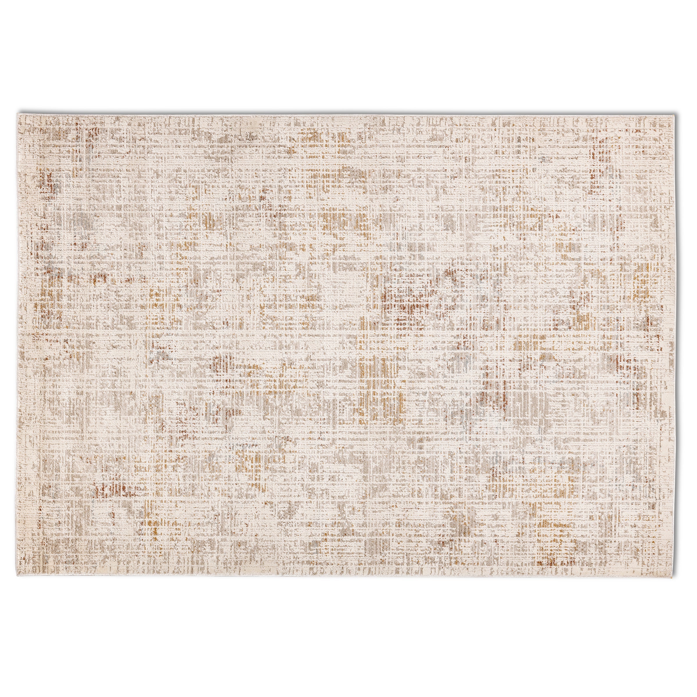 Full overhead view of the rectangular Lennox distressed abstract rug featuring a modern cream, grey, and warm rust design.