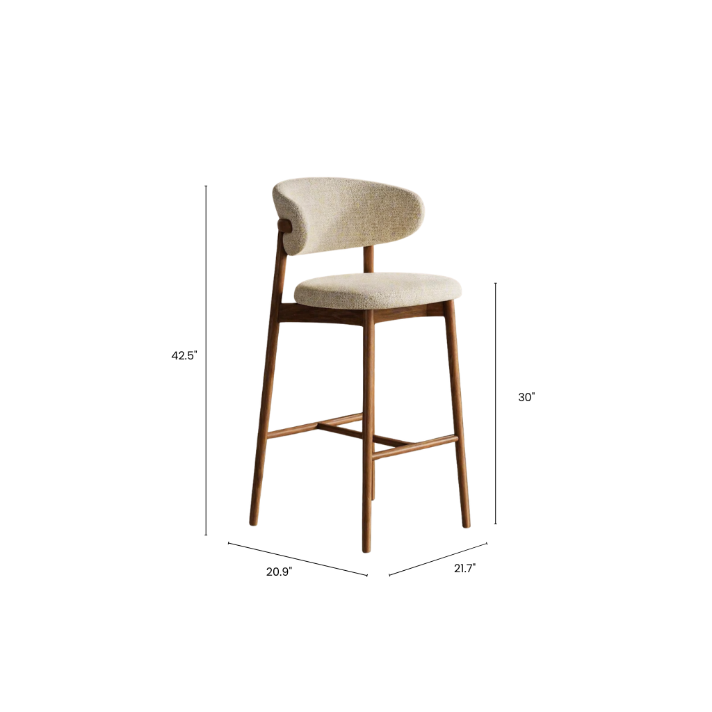 Bar stool with dimensions labeled on a white background