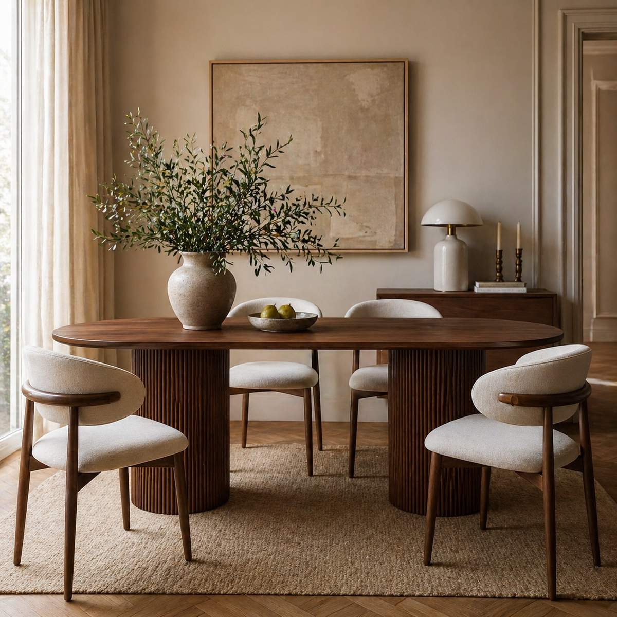 Dining room with wooden table and chairs, vase with greenery, and framed artwork on the wall featuring the Linen Ash Wood Dining Side Chair