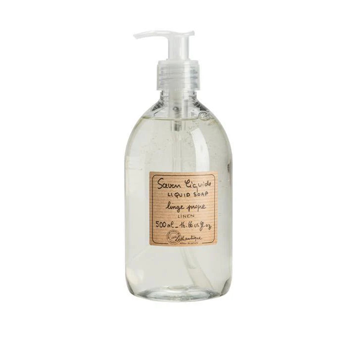 Liquid soap with clear bottle and label on a white background